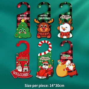 Set of six colorful Christmas door hangers featuring reindeer and snowmen, 14x30 cm each