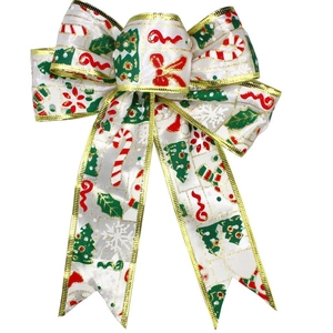 20cm white Christmas ribbon bow with gold trim and festive holiday tree prints
