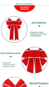 Close-up of red burlap Christmas bow with white faux fur trim and secure wire tie