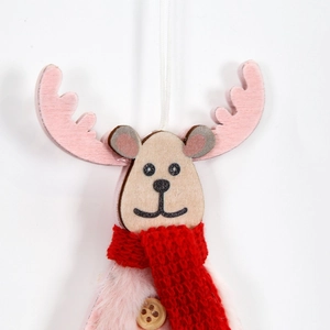 Pendentif de Noël élan en bois rose avec écharpe rouge et peluche pour décoration