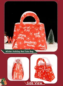 Détails de sac cadeau de Noël en feutre rouge avec imprimé festif blanc Merry Christmas
