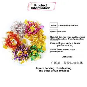 Close-up of vibrant metallic cheerleading pom-pom wristbands in assorted colors