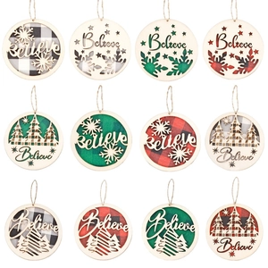 12Pcs Christmas wooden round hollow ornaments with Believe text and buffalo plaid patterns