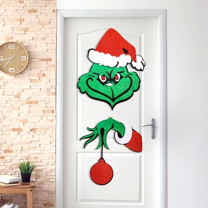 Stickers de porte de Noël Grinch pailletés avec bonnet de Noël et décoration de boule rouge