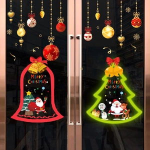 Christmas window stickers featuring Santa, reindeer, and bells for holiday glass decoration