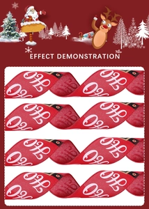 Detail view of red Ho Ho Ho Christmas ribbon with festive santa belt pattern print