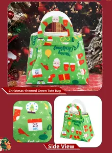 Vue détaillée et latérale du sac cadeau de Noël en feutre vert avec motifs du Père Noël
