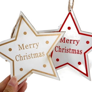 Wooden Christmas star hanging ornaments with Merry Christmas text in red and gold finish