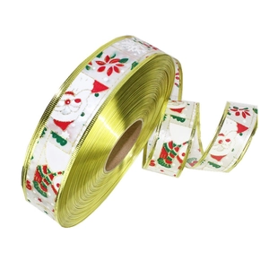 Golden Christmas printed ribbon with Santa and snowflake patterns for holiday gift wrapping