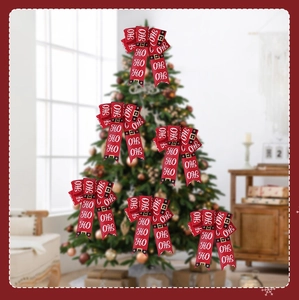 Set of six red Christmas bows featuring white HO HO HO print and Santa belt design detail