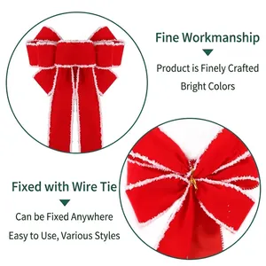 Red velvet Christmas bow with white fuzzy trim and golden twist ties for tree decoration