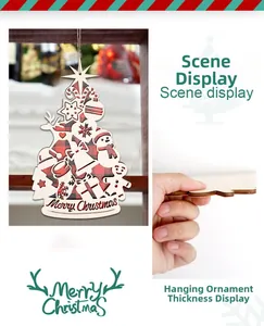 Détail du pendentif sapin de Noël en bois avec motif bonhomme de neige et corde rustique