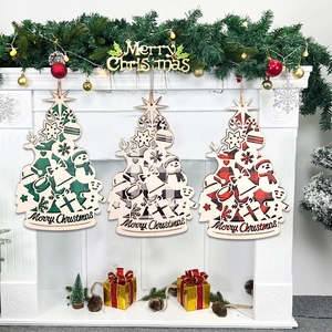 Ornement Suspendu en Bois Arbre de Noël Fond Plaid Bonhomme de Neige Renne Signe Creux Joyeux Noël Décoration Festive