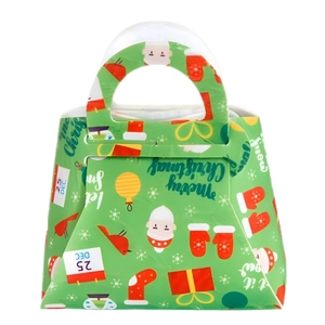 Green Christmas felt gift bag with Santa and snowflake motifs for holiday parties