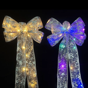 LED Glowing Christmas Ribbon Bows Mesh Tree Ornaments Glitter Star Moon Printed Large Hanging Bow Holiday Party Decoration