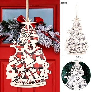 Suspension sapin de Noël en bois avec découpe Merry Christmas et tissu à carreaux rouge gris