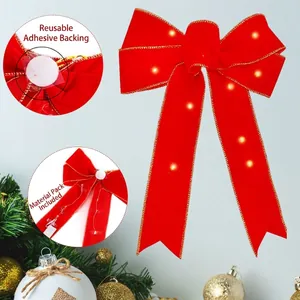 Fiocco rosso di Natale con bordi dorati, luci LED e retro adesivo per decorazioni fai-da-te