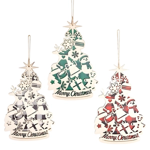 Lot de trois ornements de Noël en bois en forme de sapin avec motifs à carreaux festifs