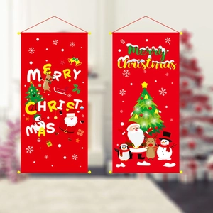 Close-up of red Merry Christmas banners featuring Santa Claus and reindeer icons