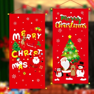 Detail of red Merry Christmas banner set featuring Santa, reindeer and snowman graphics