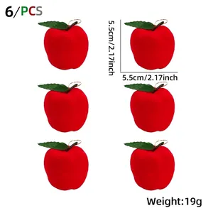 Details von 6 beflockten roten Apfel-Weihnachtsanhängern mit Größen- und Gewichtsangaben