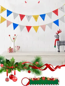 Detail of colorful hollow-out PVC pennant banner with Christmas star and tree patterns