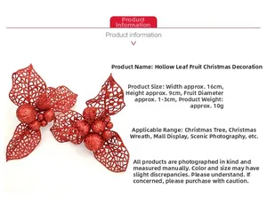 Macro view of 16x9cm glittery red Christmas leaf with decorative berries and hollow petals