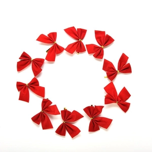 Set of 10 red velvet Christmas bows with gold twist ties for tree and gift decoration