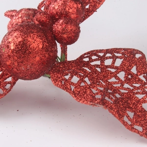 Detailed macro view of red glitter hollow Christmas tree decorative floral components