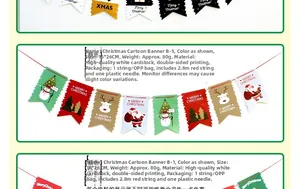 Detail view of Merry Christmas cartoon paper banner flags with double-sided printing