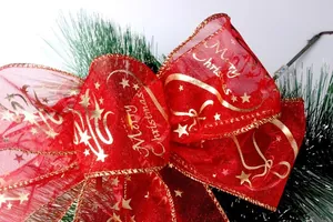 Macro detail of red Merry Christmas bow with gold foil print and green pine needles