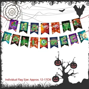 Happy Halloween banner with colorful zombie, eyeball, and brain motifs for party wall decor