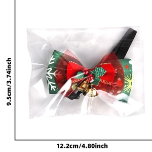 Christmas pet bow tie with bells and holly detail showing exact package size measurements