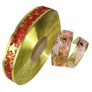 2.5CM Red Christmas ribbon with gold stars and snowflakes for DIY gift wrapping