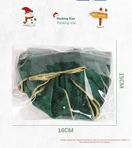 Detail of dark green velvet Christmas gift bag with golden braided edge and 16cm size info