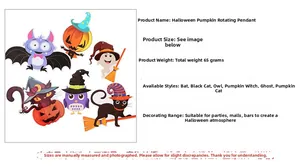 Detailed view of Halloween spiral pendants featuring cartoon pumpkin, ghost and bat designs