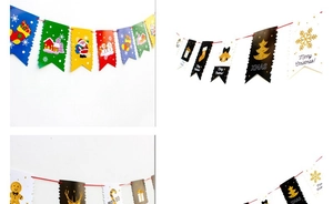Detailed view of Christmas paper banners featuring Santa, snowman, and gold sequin accents