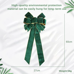 Dark green velvet Christmas bow with gold trim and long ribbons, size 60cm x 27cm
