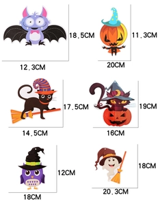 Detailed size chart for six Halloween cartoon paper hanging ornaments and party decor
