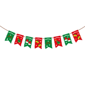Red and green Merry Christmas banner with reindeer and tree patterns on white background
