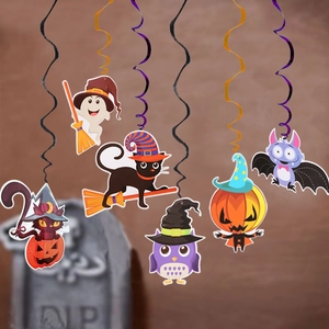 Halloween spiral pendant set featuring cartoon ghost owl pumpkin and bat decorations
