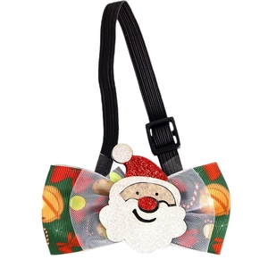 Christmas pet bowtie with Santa Claus motif and green ribbon for cats and dogs decoration