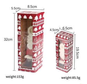 Detailed dimensions of felt Santa Claus figures in gift boxes with clear window display