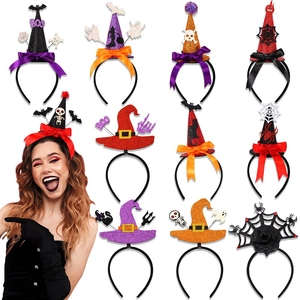 Variety set of 11 Halloween headbands with witch hats, spiders, and bats
