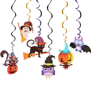 Halloween spiral hanging swirl decorations with cartoon ghost, owl, and pumpkin motifs