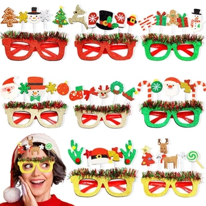 Christmas Santa Reindeer Snowman Pattern Glitter Party Glasses Frame Plastic Holiday Costume Accessories For Kids Adults