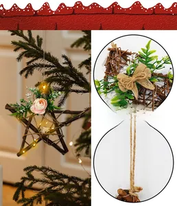 Detail of star-shaped wooden wreath with LED lights, pink roses, and burlap bow decor