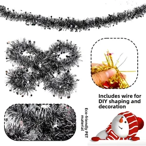 Eco-friendly black and silver star tinsel garland with internal wire for DIY styling