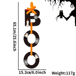 Detailed view of Halloween BOO wooden door sign with size specs and orange ribbon bow