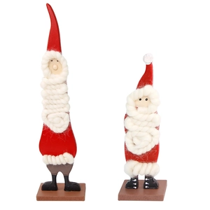 Set of two decorative wooden Santa Claus table figurines with felt hats and knitted beards
